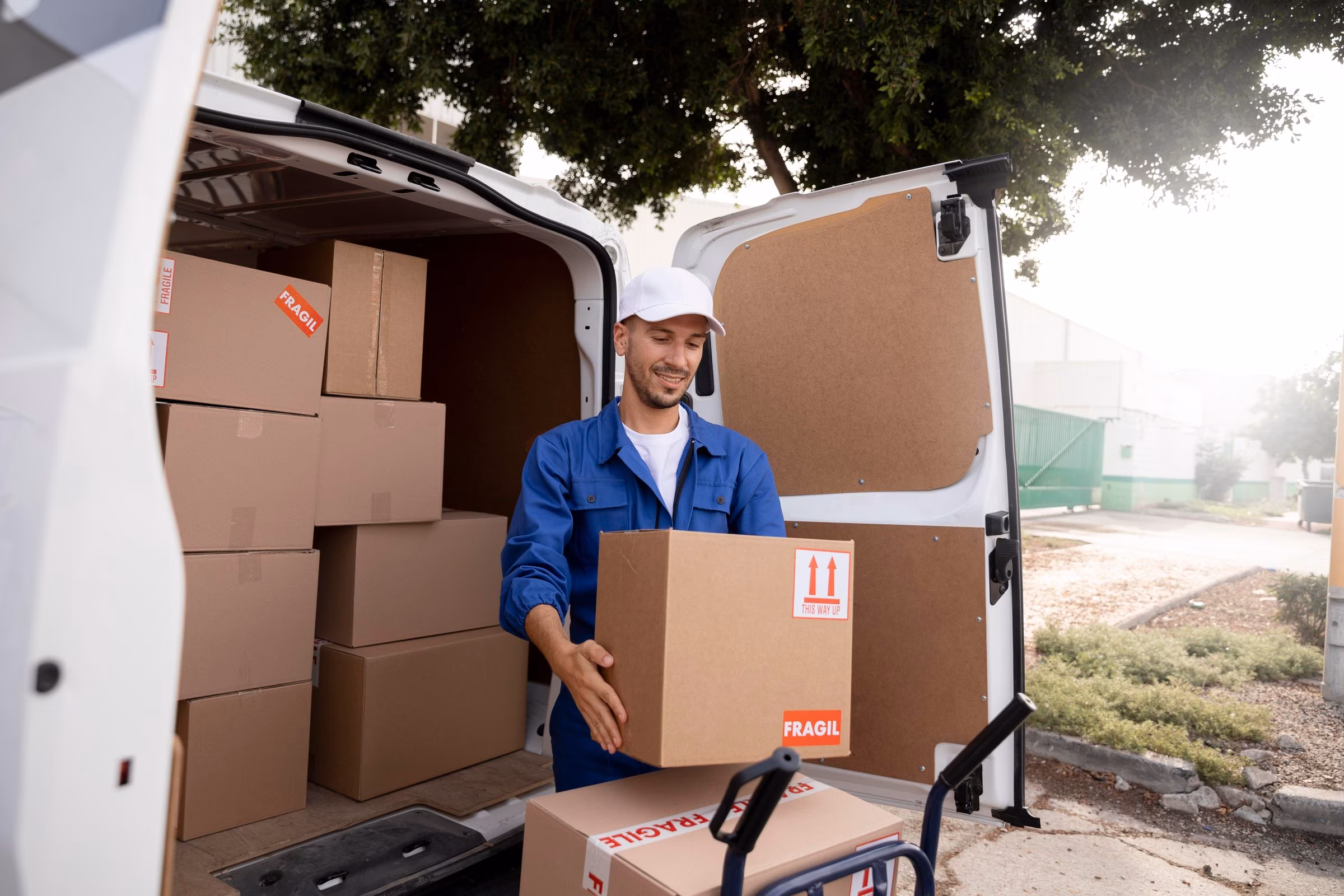 Forest Movers crew member loading a box into a rental van